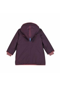 Giacca viola isolata con cappuccio, con accenti rosa su polsini e orlo, e una superficie liscia e lucida. Vista posteriore senza hardware visibile.