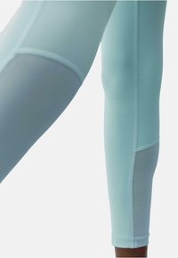 Leggings sportivi di colore blu chiaro con un design senza cuciture, dettagli in rete e una vestibilità aderente, arricchiti da cuciture a contrasto lungo i fianchi.