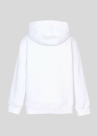 Sweatshirt blanc à coupe décontractée, manches longues et capuche avec cordon de serrage. Présente une texture lisse et des coutures détaillées le long des seams.