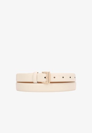 Cream leather belt with a glossy texture, featuring a gold-tone metal buckle and several adjustment holes for sizing.
