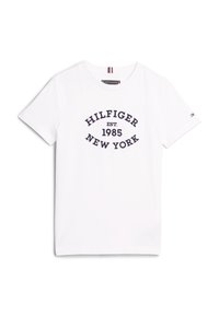 Witte katoenen T-shirt met een marineblauwe grafische tekst "HILFIGER EST. 1985 NEW YORK." Ronde halslijn en korte mouwen.