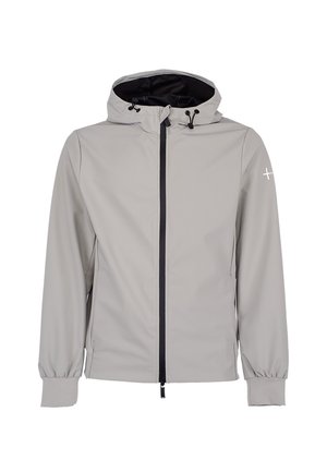 Jasnoszara kurtka z kapturem, czarnym zamkiem, regulowanymi sznurkami, elastycznymi mankietami i małym białym logo na górnej lewej rękawie.