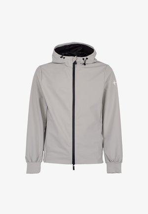 Lichtgrijze capuchonjas met zwarte rits, verstelbare trekkoorden, elastische manchetten en een klein wit logo op de bovenkant van de linker mouw.