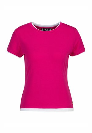 Fitted T-shirt met korte mouwen in felroze stof, met een witte ronde hals en accent aan de zoom, gemaakt van zacht katoen.