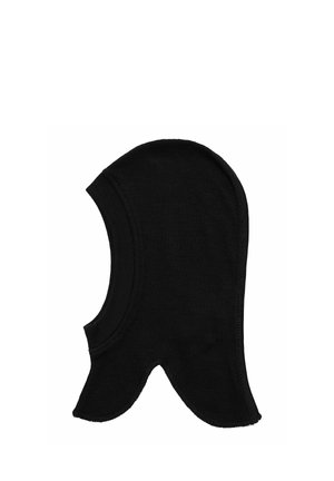 Black fabric balaclava with extended neck coverage and scalloped edges around the face and neck area.