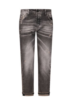 Verwassen zwarte spijkerbroek met opgerolde pijpen, verweerde details op de dijen en zakken, knoop- en ritssluiting, en ontwerp met vijf zakken.