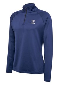Marineblauer Pullover mit langen Ärmeln, Viertelreißverschluss und weicher, glatter Textur. Mit einem weißen Logo auf der linken Brust und kontrastierenden Nähten.