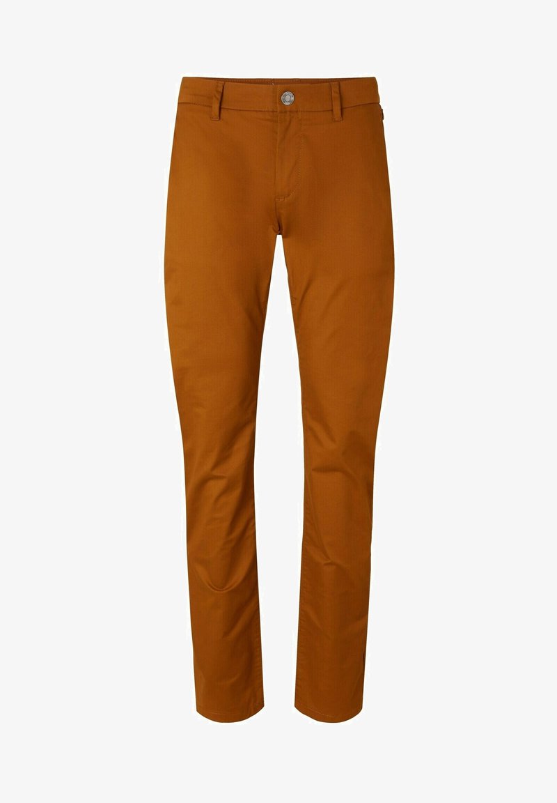 Slim-fit-housut, joissa on teksturoitu polttopunainen kangas, vetoketjukiinnitys, nappikiinnitys ja etutaskut. Sujuva pinta, suora lahje.