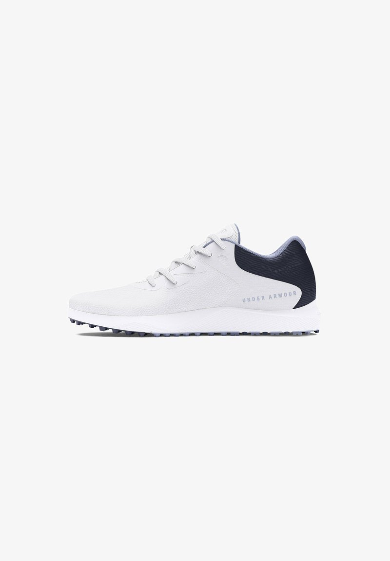 White athletic shoe with textured synthetic upper, lace closure, and dark navy heel accent. Features a cushioned sole with traction pattern.