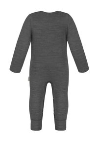 Grauer Langarm-Overall mit glatter Textur, runder Ausschnitt, Druckknopfverschluss am Boden und gerippten Bündchen. Keine Muster oder Grafiken.