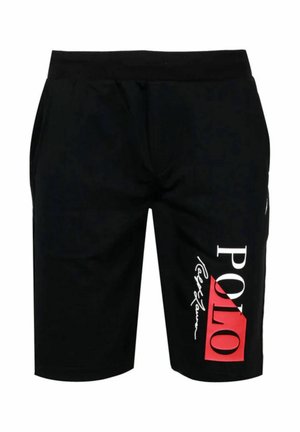 Pantaloncini neri con elastico in vita, tasche laterali e logo bianco "POLO Ralph Lauren" su un quadrato rosso sulla gamba destra.