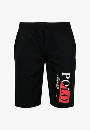 Pantaloncini neri con elastico in vita, tasche laterali e logo bianco "POLO Ralph Lauren" su un quadrato rosso sulla gamba destra.