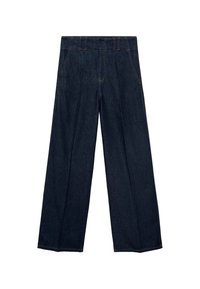 Marineblauwe wijde jeans met een hoge taille, plooien en een traditionele vijf-pocketdesign, gemaakt van denim stof met subtiele stiksels.