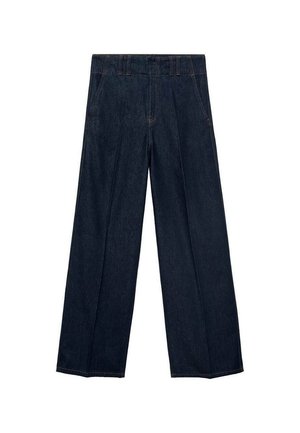 Marineblauwe wijde jeans met een hoge taille, plooien en een traditionele vijf-pocketdesign, gemaakt van denim stof met subtiele stiksels.