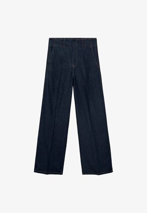 Navy blue wide-leg jeans featuring a high waist, pleats, and traditional five-pocket design, made of denim fabric with subtle stitching accents.