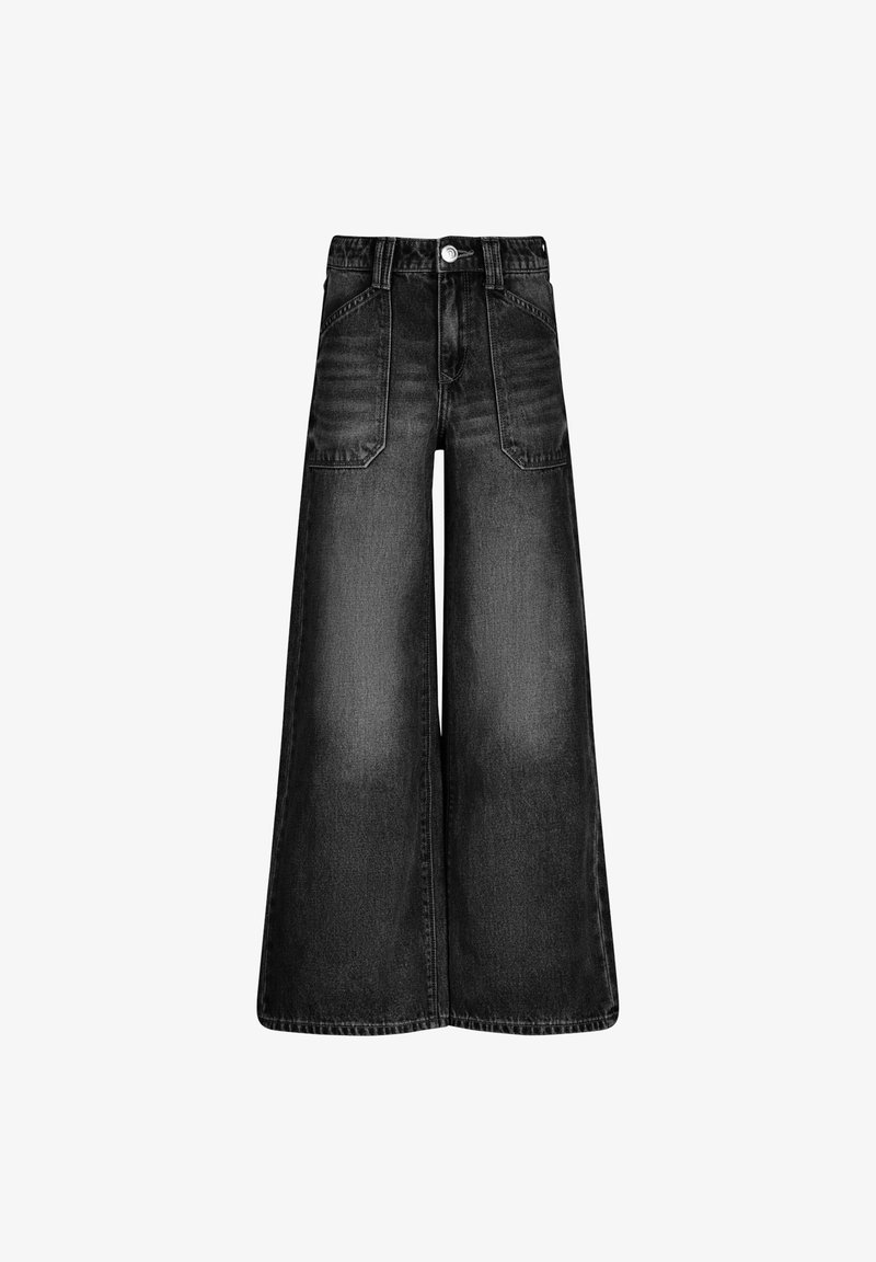 Jean en denim noir à jambes larges avec poches avant et taille haute dotée d'une fermeture à bouton métallique. Texture lisse et design classique.