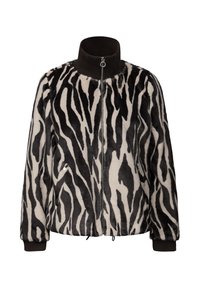 Veste zippée en fausse fourrure imprimée zèbre avec col montant, poignets côtelés et poches latérales avec boutons-pression.
