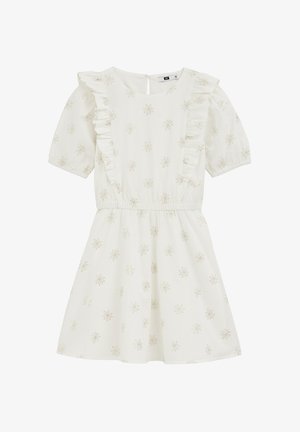 Bijela pamučna haljina s kratkim napuhanima rukavima, nabranim rubovima i zlatnim cvjetnim vezom po cijeloj haljini. Ima izrez na leđima i elastičnu struk.