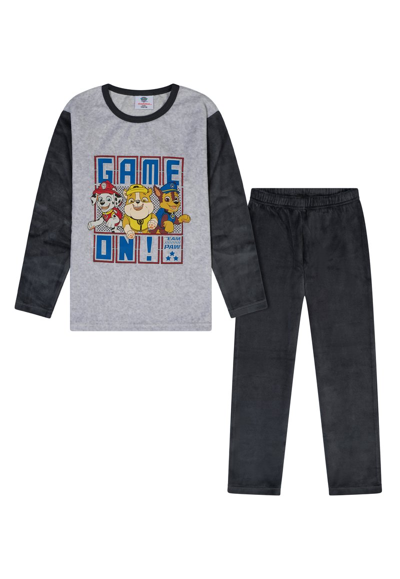 Haut à manches longues gris avec des manches noires présentant un graphique "GAME ON!" et des chiens de dessin animé, associé à un pantalon de pyjama noir doux.
