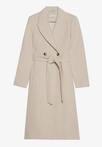 Beige double-breasted coat with a belted waist, notched lapels, and long sleeves. Smooth fabric with subtle texture and metallic buttons.