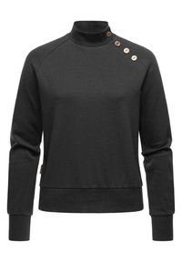 Maglione nero con collo alto, maniche lunghe e tre bottoni decorativi in legno sulla spalla sinistra. Texture liscia e design aderente.