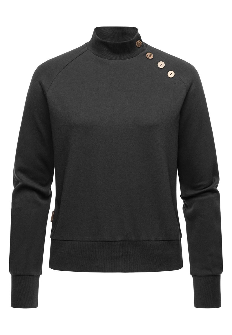 Maglione nero con collo alto, maniche lunghe e tre bottoni decorativi in legno sulla spalla sinistra. Texture liscia e design aderente.