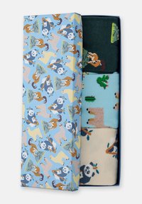 Blauwe doos met dierenillustraties bevat drie paar opgerolde sokken met patronen van herten, cactussen en panda's.