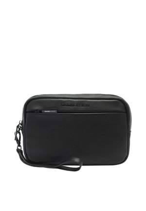 Borsa clutch rettangolare in pelle nera con tasca frontale con cerniera e cinturino da polso, con logo in rilievo "MOMO DESIGN."