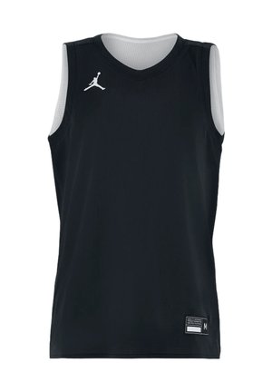 Czarny sportowy bezrękawnik z białą podszewką i białym logo Jumpman na górnej prawej części klatki piersiowej, metka z rozmiarem medium na dolnej lewej stronie.
