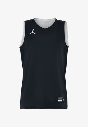 Maillot de sport noir sans manches avec doublure intérieure blanche et logo Jumpman blanc sur la partie supérieure droite de la poitrine, étiquette taille medium en bas à gauche.