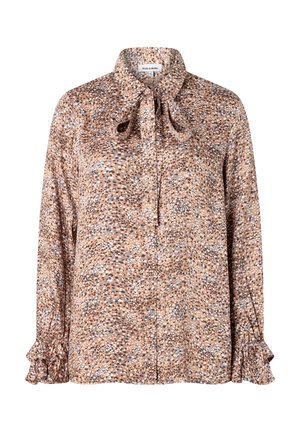 Beige blouse with small scattered blue, white, and brown spots, featuring a bow tie collar and ruffled cuffs on long sleeves.
