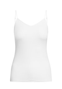 Camisole blanche avec fines bretelles réglables, encolure en V, texture lisse, coupe ajustée, sans motifs ni accents visibles.