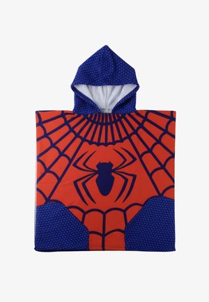 Kinderponchohanddoek met capuchon, met rood- en blauw webdesign en een groot zwart spinnenembleem aan de voorkant.