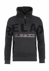 Grauer Sweatshirt mit hohem Kragen und Reißverschluss. Features "RELAX" in schwarzen Strasssteinen und "C.BAXX" in Weiß, mit Seitentaschen. Glatte Textur.