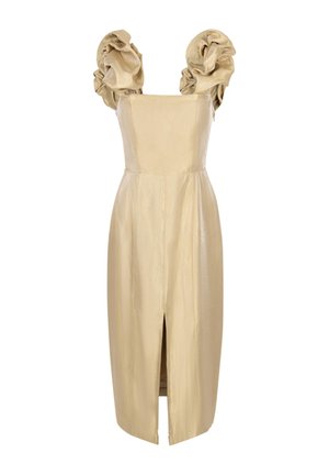 Satin, light gold dress with puffed sleeves, slim fit, and knee-length slit at front. Smooth texture with a structured design.