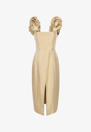 Robe en satin, dorée claire, avec des manches bouffantes, ajustée et dotée d'une fente à l'avant jusqu'au genou. Texture lisse avec un design structuré.