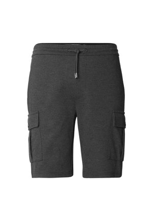 Szare bawełniane szorty cargo z elastycznym pasem, sznurkiem do wiązania i dwoma bocznymi kieszeniami, o gładkiej fakturze i casualowym designie.