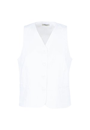 Gilet bianco senza maniche con scollo a V, quattro bottoni frontali e due tasche laterali, mostrato su uno sfondo bianco uniforme.