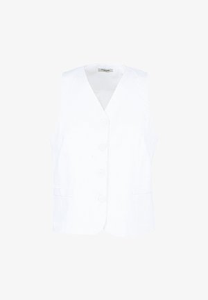 Witte mouwloze vest met V-hals, vier knopen aan de voorkant en twee zijzakken, afgebeeld op een eenvoudige witte achtergrond.