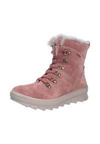Botas de tobillo de ante rosa con forro de piel sintética y herrajes de ojal metálico. Plantilla de goma beige gruesa y punta redondeada. Diseño con cordones.