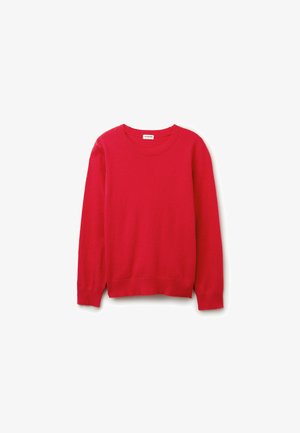 Roter Strickpullover mit Rundhalsausschnitt, langen Ärmeln und gerippten Bündchen und Saum. Glatte Textur, leichtes Material, einfaches Design.