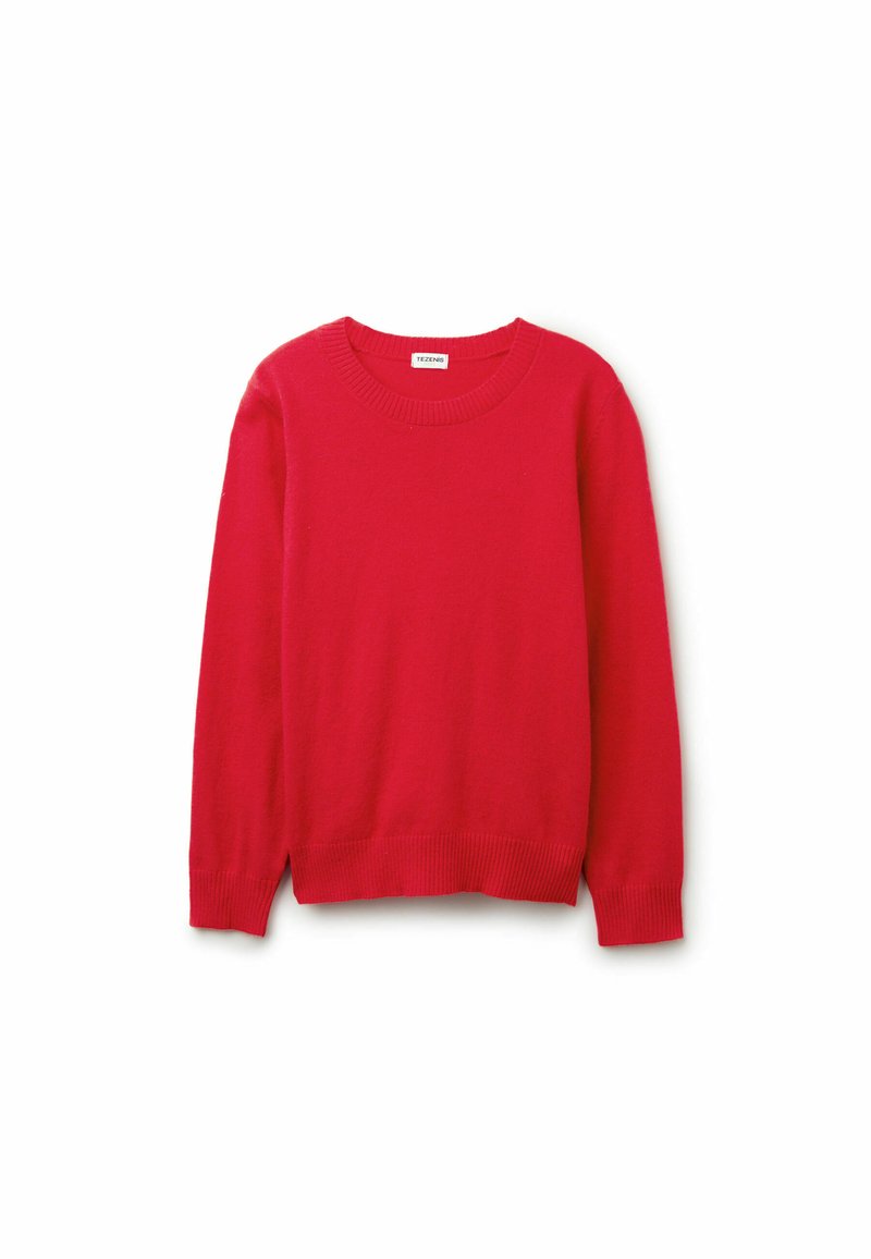 Roter Strickpullover mit Rundhalsausschnitt, langen Ärmeln und gerippten Bündchen und Saum. Glatte Textur, leichtes Material, einfaches Design.