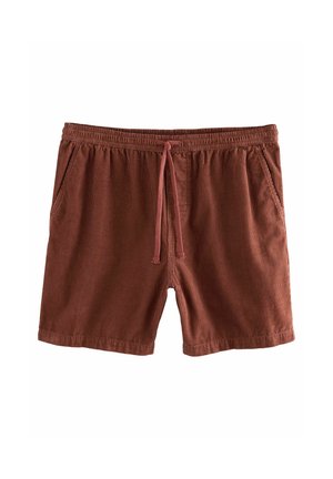 Bruine corduroy short met een elastische tailleband, veterluiting en twee zijzakken, met een gestructureerd verticaal streeppatroon.