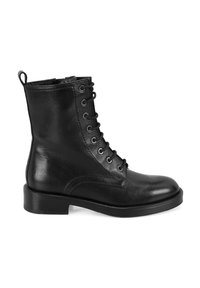 Bottines noires en cuir à texture lisse, avec un laçage à l'avant et des détails de couture subtils. Elles présentent un petit talon carré et une patte de tirage à l'arrière.