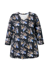 Schwarze Tunika mit V-Ausschnitt, versehen mit einem Blumenmuster in Blau, Braun und Creme. Lange Ärmel und ein lockerer Schnitt erhöhen den Komfort.
