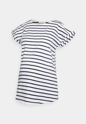 White short-sleeve T-shirt with navy blue horizontal stripes and a round neckline, slightly curved hem, and cuffed sleeves.