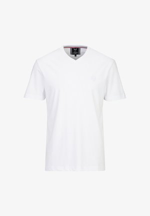 Effen wit T-shirt met korte mouwen en V-hals, met een klein, subtiel geborduurd logo op de linkerborst en een zwart label aan de binnenkant van de kraag.