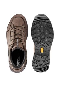 Braune Wildleder-Wanderschuhe mit schwarzen Gummisohlen, ausgestattet mit einem sechseckigen Profil, verstärktem Zehenbereich und "Renegade Evo"-Logo.