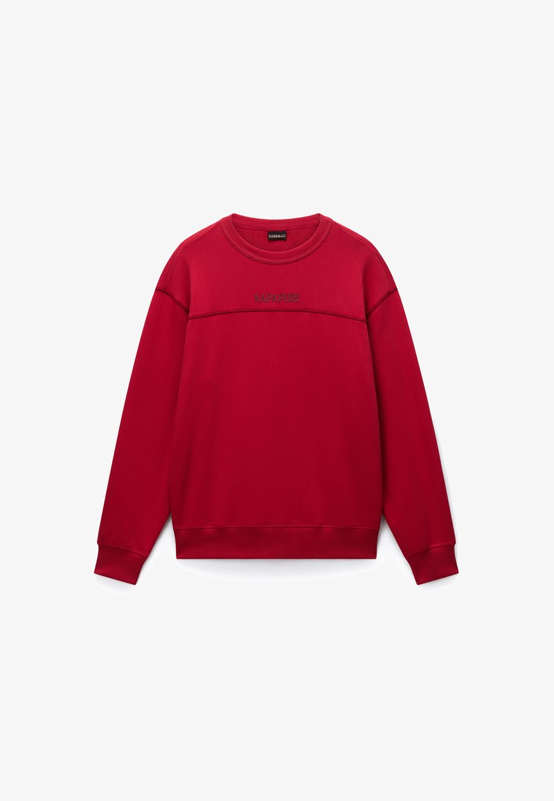 Κόκκινο φούτερ από μίγμα βαμβακιού. Διαθέτει στρογγυλή λαιμόκοψη, ριμπ τελειώματα στα μανίκια και το κάτω μέρος, και το λογότυπο "NAPAPIJRI" διακριτικά κεντημένο στο στήθος.