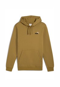 Felpa con cappuccio marrone che presenta una tasca a marsupio, polsini a costine e un logo Puma bianco sul petto. Materiale morbido e vestibilità comoda.